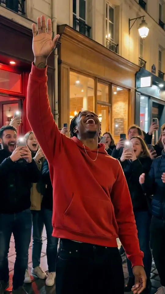 Template frame at 13 seconds: the performer throws one hand up while the crowd films