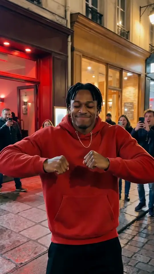 Template frame at 9 seconds: the performer bounces his shoulders with his fists near his chest