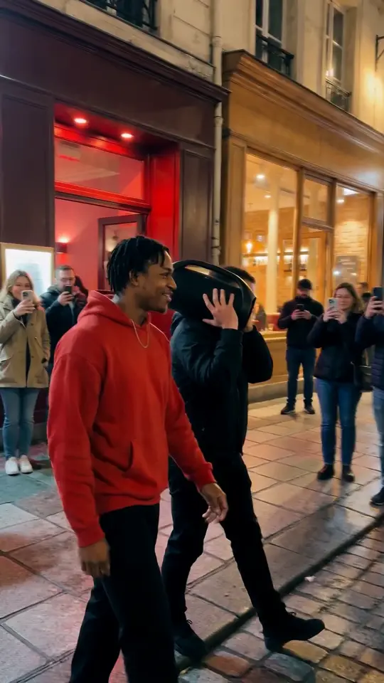 Template frame at 1 second: the performer walks in as a friend carries a speaker on his shoulder