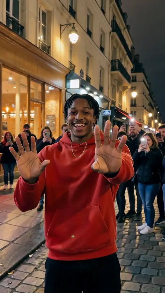Template frame at 5 seconds: the performer faces the camera with both hands up