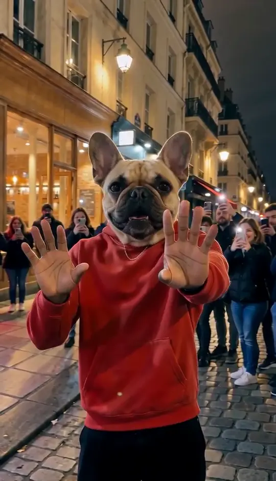 A performer with a French bulldog head in a red hoodie bounces to the beat