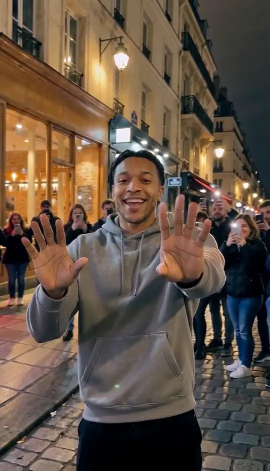A young man in a grey hoodie bounces his shoulders and throws a hand up