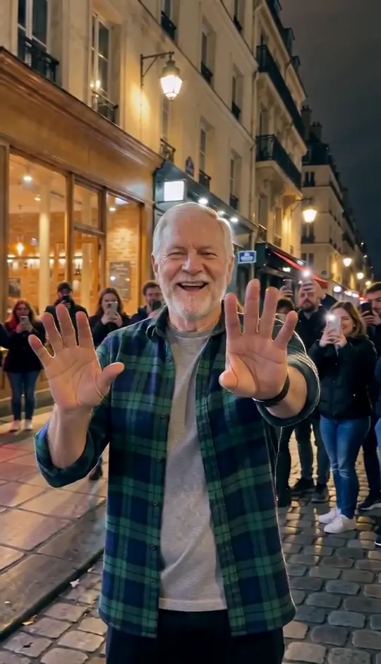 A grandfather in a flannel shirt does the shoulder bounce and laughs with the crowd