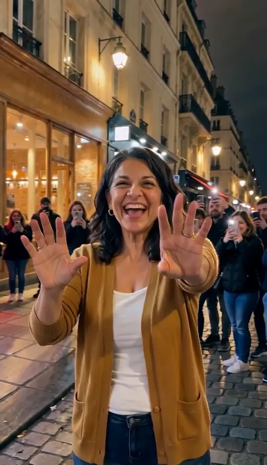 A woman in a mustard cardigan takes the lead on the red-lit street