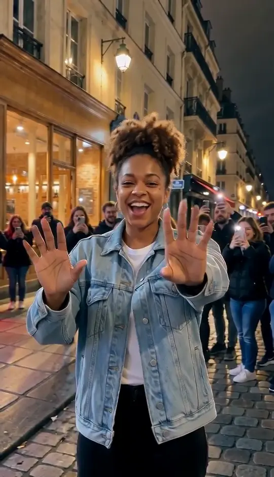 A woman in a denim jacket raises her hands, then bounces her shoulders on the red-lit street