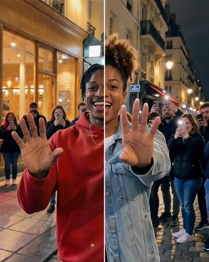The same second of the video split in two: the template performer in a red hoodie on the left, a woman in a denim jacket made from a selfie on the right