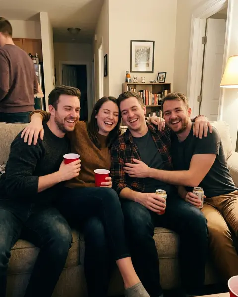 Photo to skip: four friends squeezed together on a couch at a party