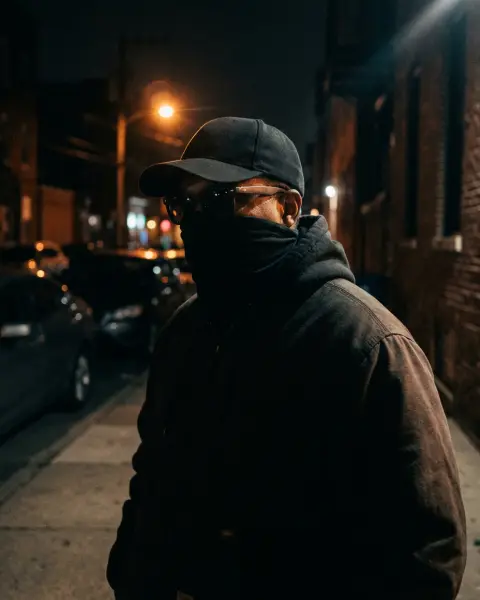Photo to skip: a man in sunglasses, a low cap and a face covering on a dark street