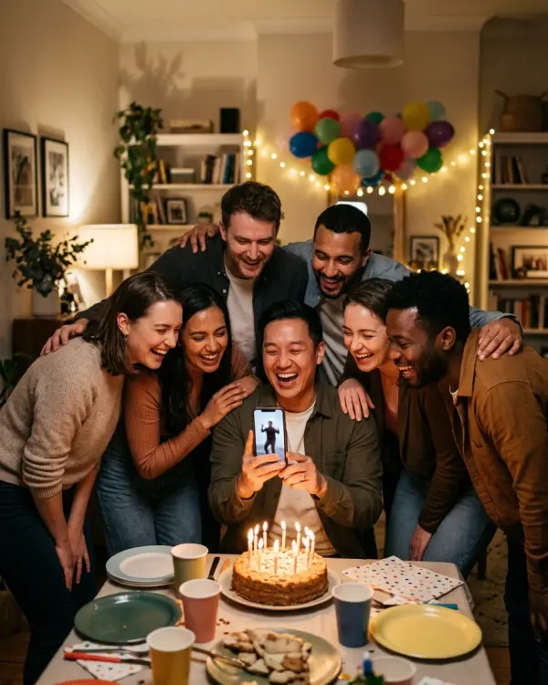 Friends around a birthday cake laughing as the birthday person watches a video