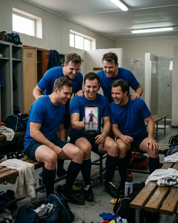 Teammates in a locker room cheering at a video on one phone