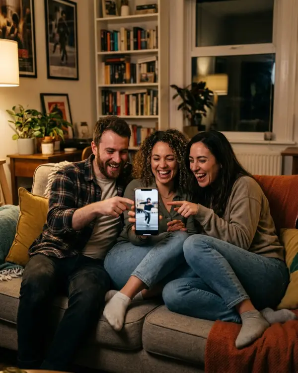 Three friends on a couch laughing at a video on one phone