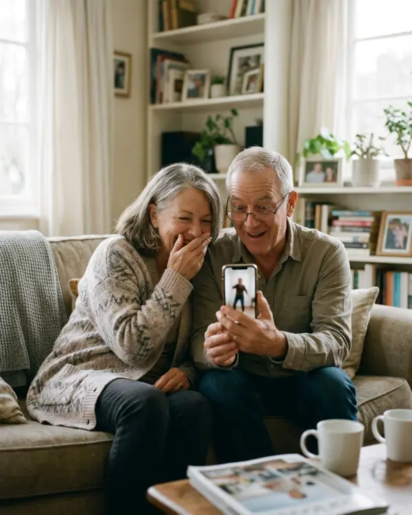 An older couple on a sofa laughing at a video on a phone