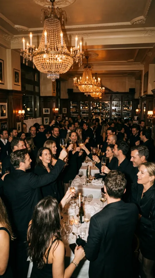 Storyboard frame 1: a packed restaurant party under crystal chandeliers