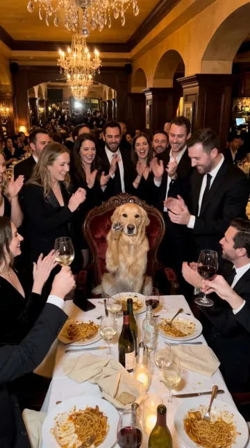 Illustration for the pet prompt: a golden retriever on a velvet chair at the party