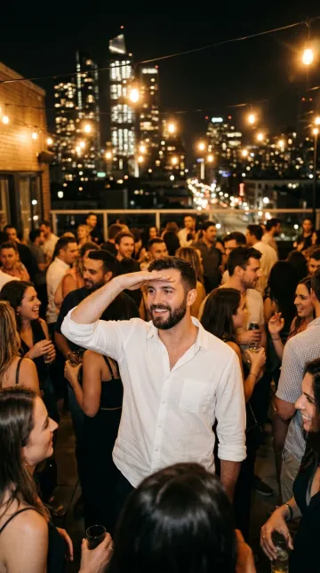 Illustration for the rooftop prompt: a bearded man shading his eyes at a rooftop party at night