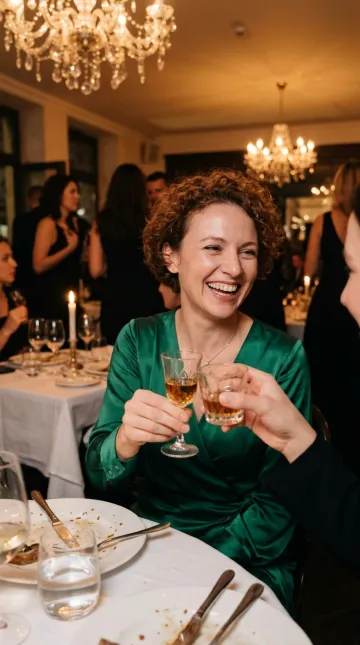 Illustration for the toast prompt: a woman with curly auburn hair clinking glasses with a friend and laughing
