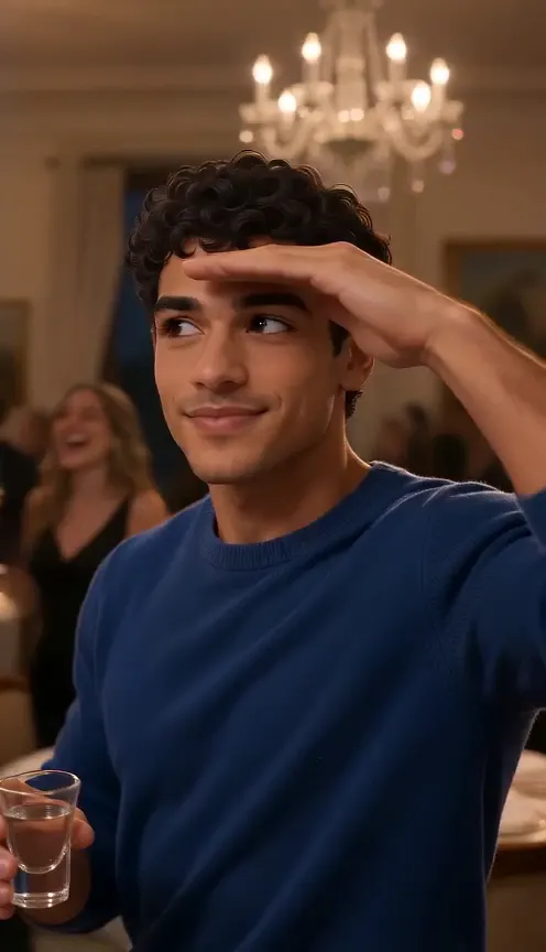 Burning Bridges AI video made from an illustrated avatar: a man with curly hair raises a glass and scans the room