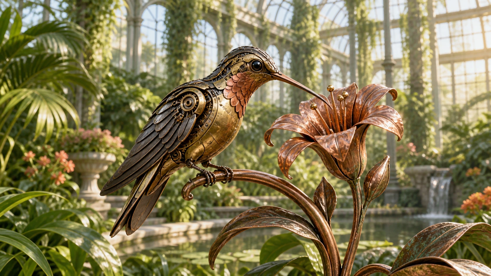 Mechanical hummingbird beside a copper flower in a sunlit glasshouse