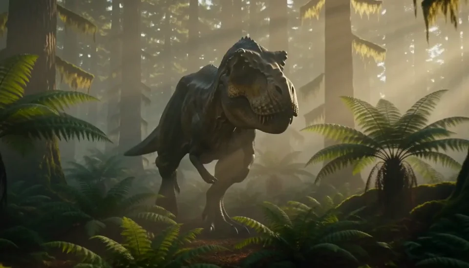 A dinosaur emerges through a sunlit prehistoric forest.