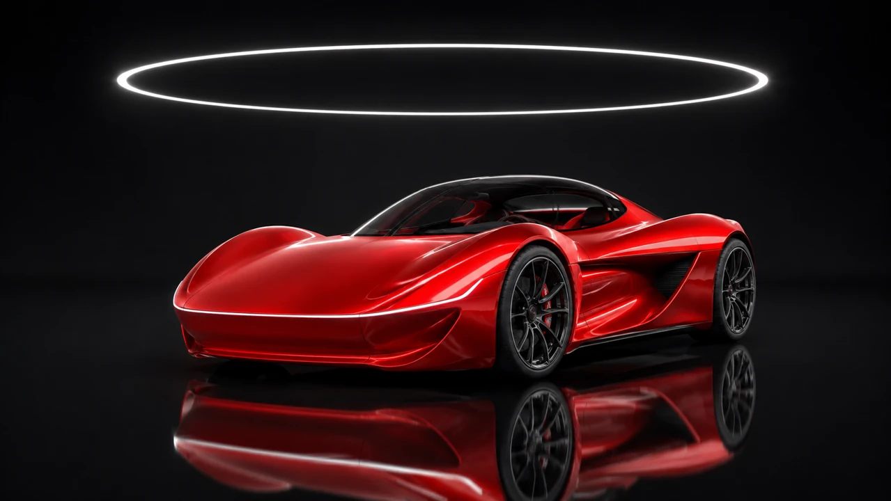 Vermilion concept car on a dark reflective studio floor