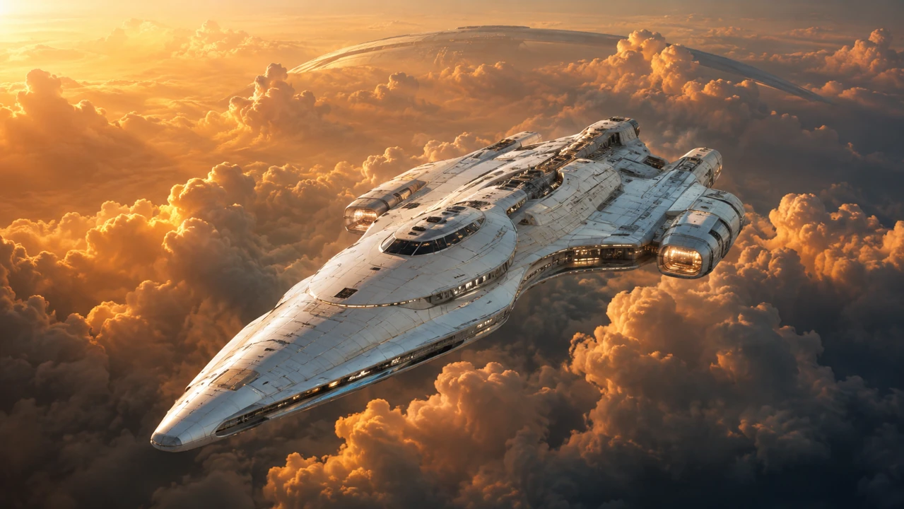 White exploration starship flying over amber clouds