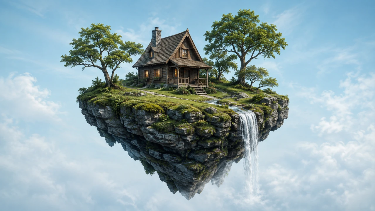 Floating island with a cottage, trees and a waterfall
