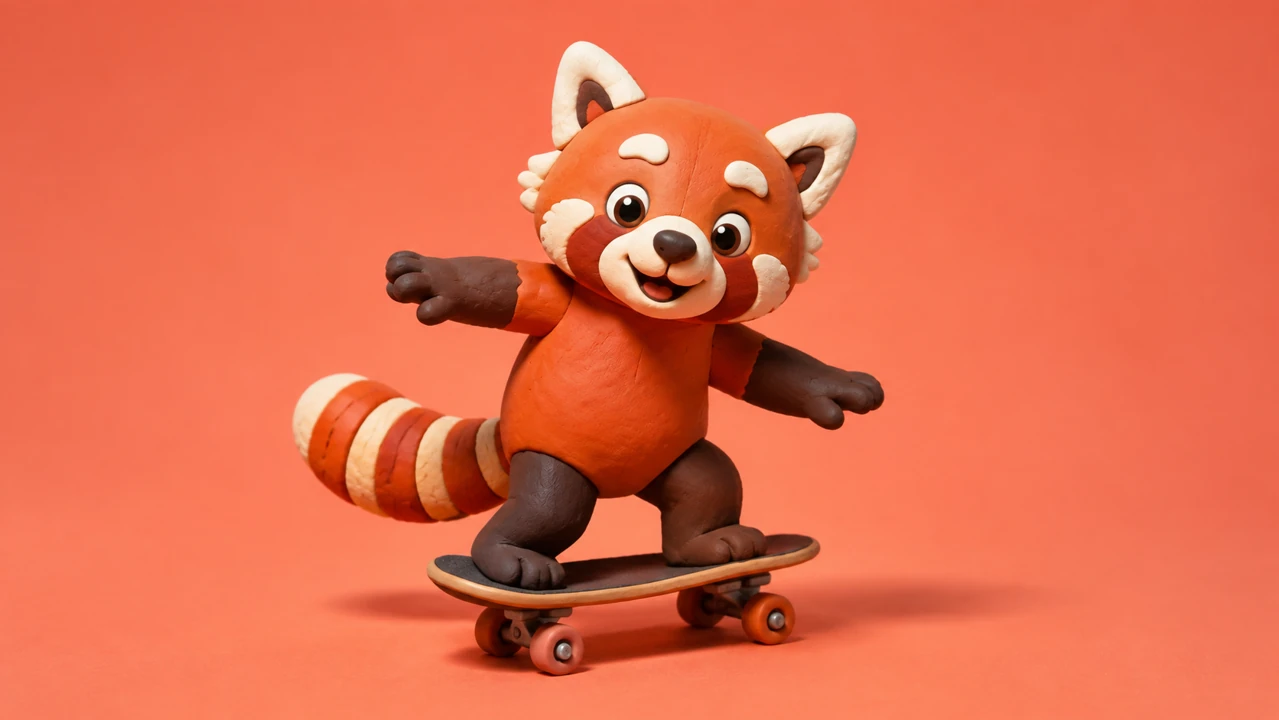 Clay red panda riding a skateboard in a coral studio