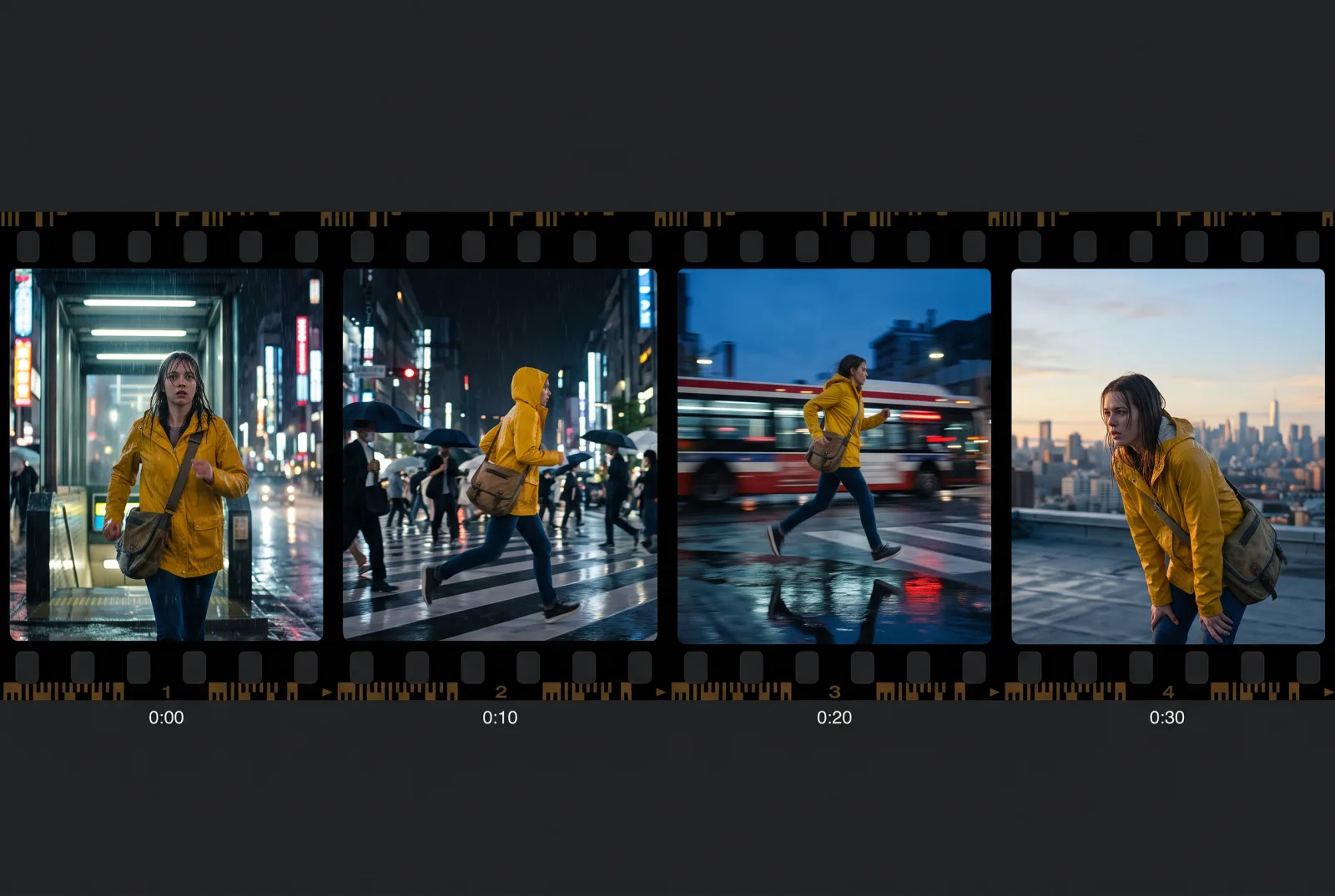 Four frames from one take: a woman in a yellow rain jacket runs from a subway exit at night to a rooftop at dawn