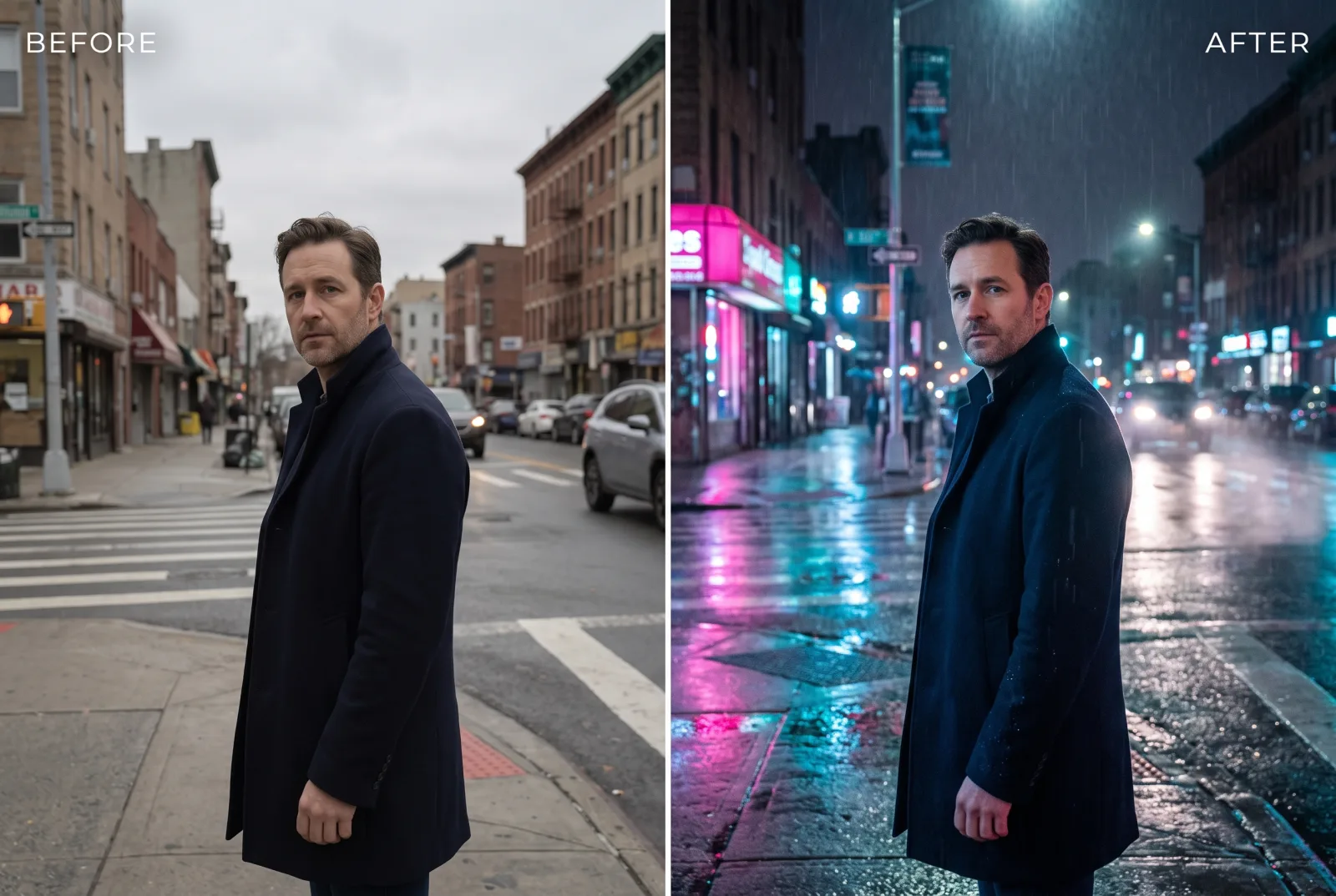 Split image of the same man on the same street corner, overcast daytime on the left and rainy neon night on the right