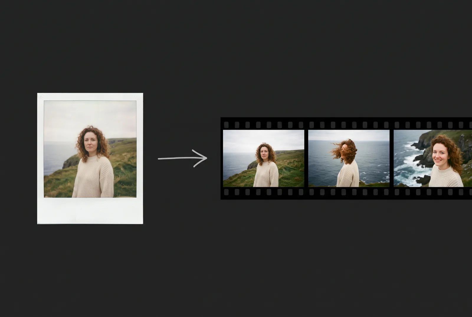 A polaroid portrait of a woman with curly auburn hair on a sea cliff, next to three film frames of her turning toward the sea as the wind lifts her hair