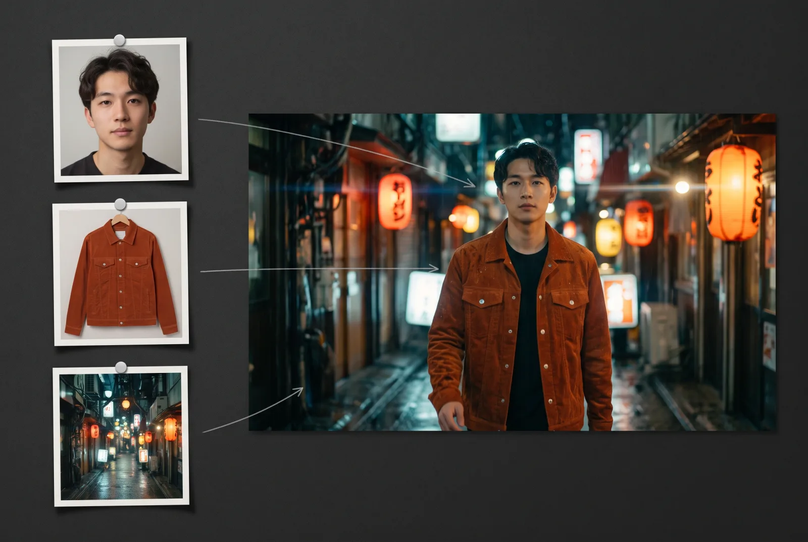 Three reference photos, a man's portrait, an orange corduroy jacket and a lantern-lit alley, combined into one film frame of him in that jacket in that alley