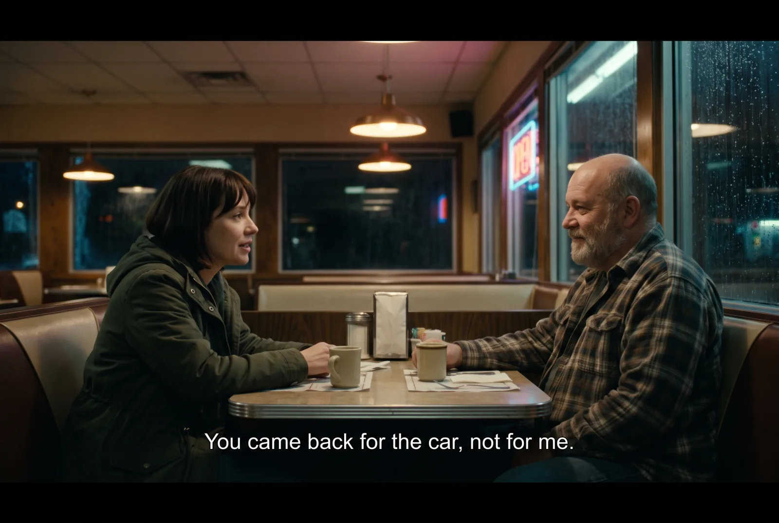 Film still of a woman and an older bearded man talking in a diner booth at night, with a subtitle line