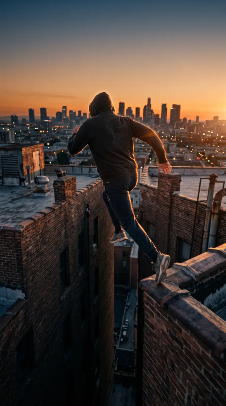 A runner in a black hoodie leaps between brick rooftops at dusk