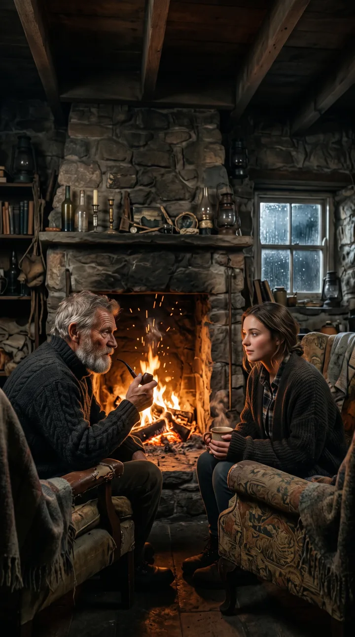 An old fisherman and a young woman talk by a fireplace in a stone cottage