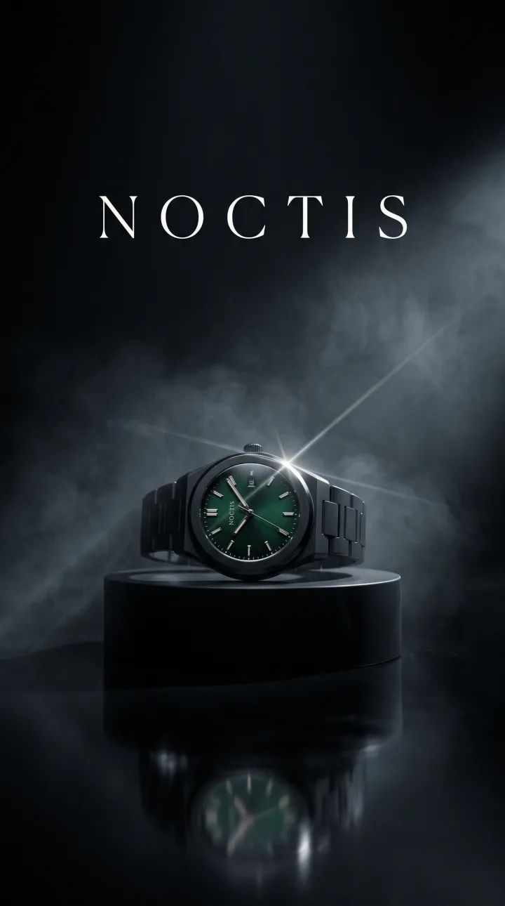 A black watch with a green dial on a pedestal under a light beam, the word NOCTIS above it