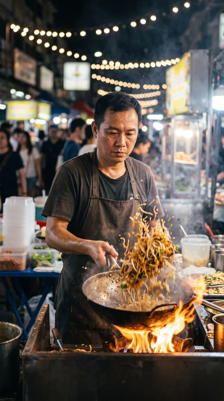 A street food cook tosses noodles from a flaming wok at a night market