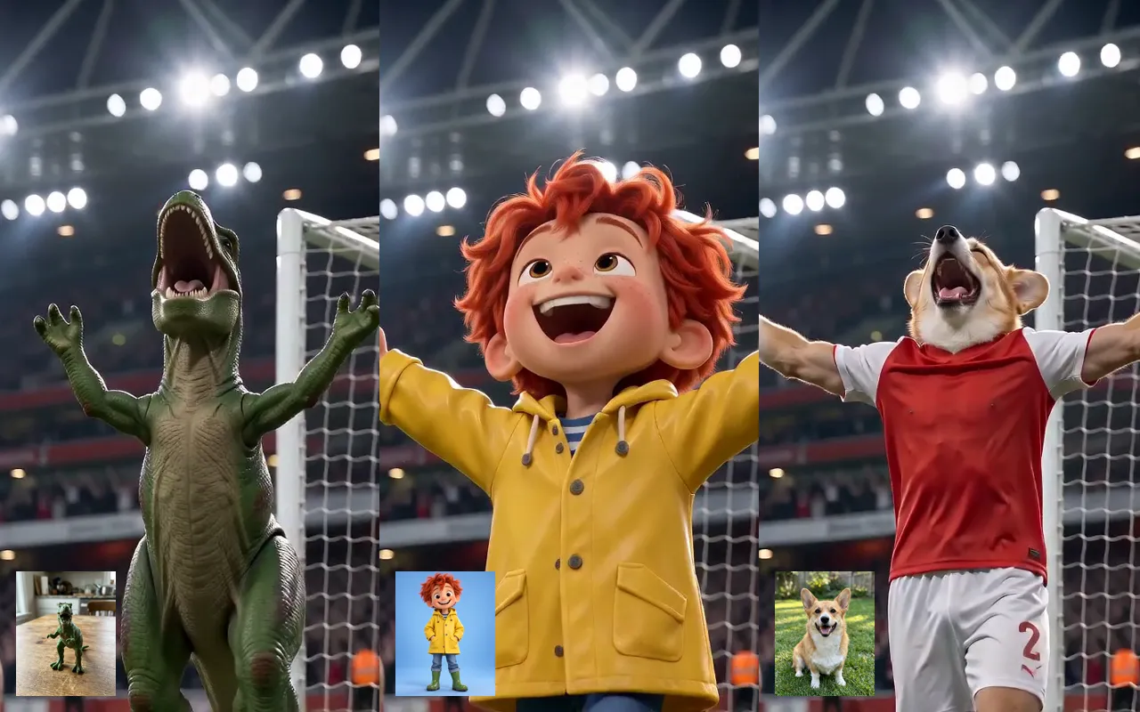 A toy T-Rex, a cartoon boy and a corgi each celebrating the Ozil goal, with the photo they came from in the corner