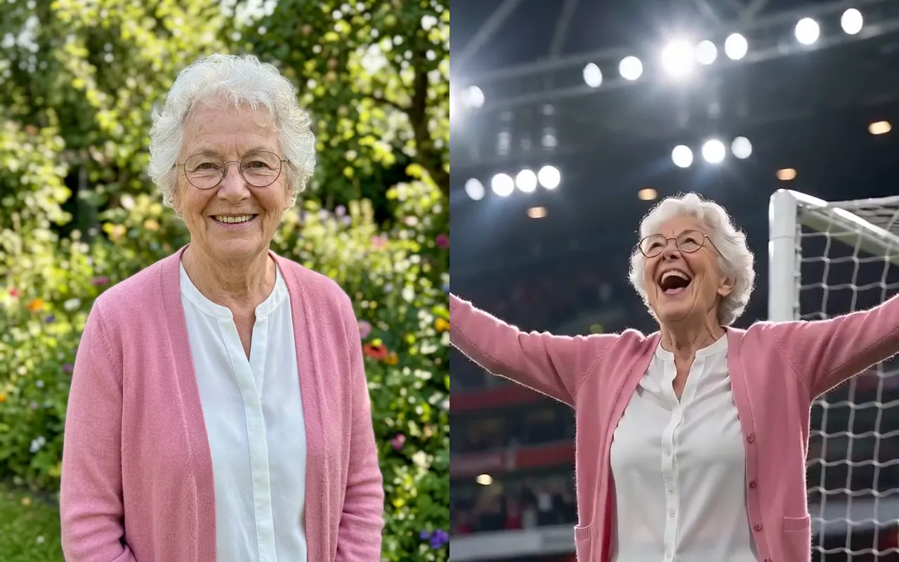 The photo of a grandmother beside the frame where she celebrates the Ozil goal in the same cardigan and glasses