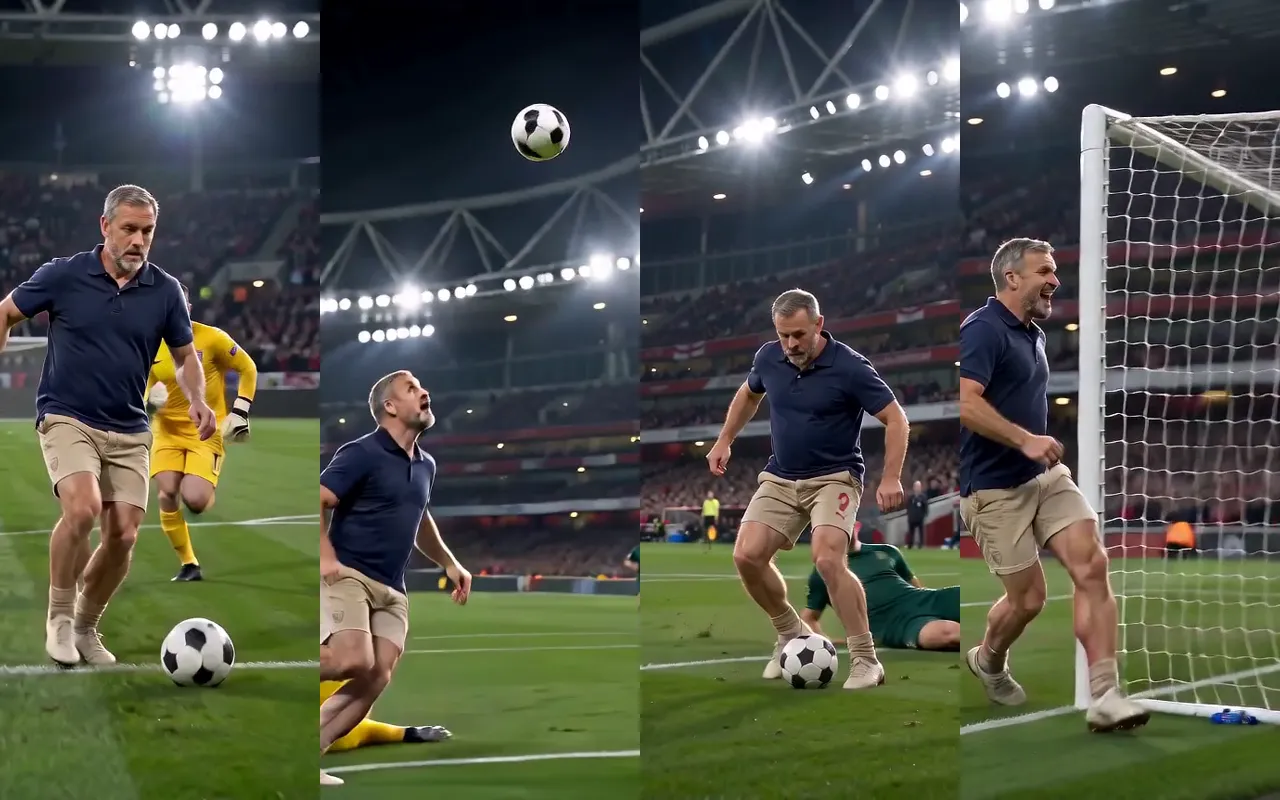 Four frames from one video: a father runs at goal, chips the keeper, beats a sliding defender and rolls the ball in