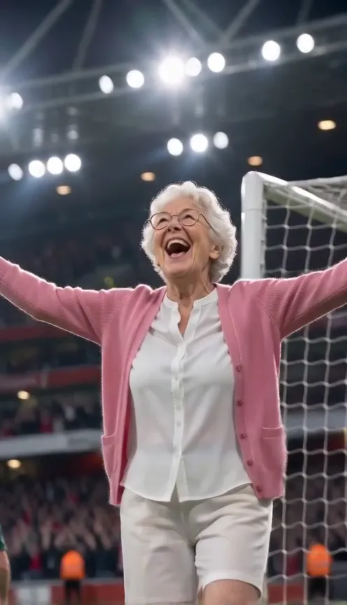 Ozil goal AI video made from one photo: a grandmother in a pink cardigan scores and celebrates under stadium floodlights